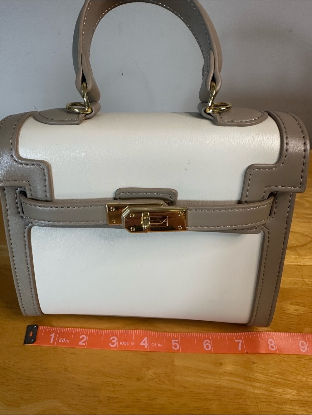 Classy Kelly Style Two-Tone Top Handle Bag – Beige & Taupe - Picture 6 of 8